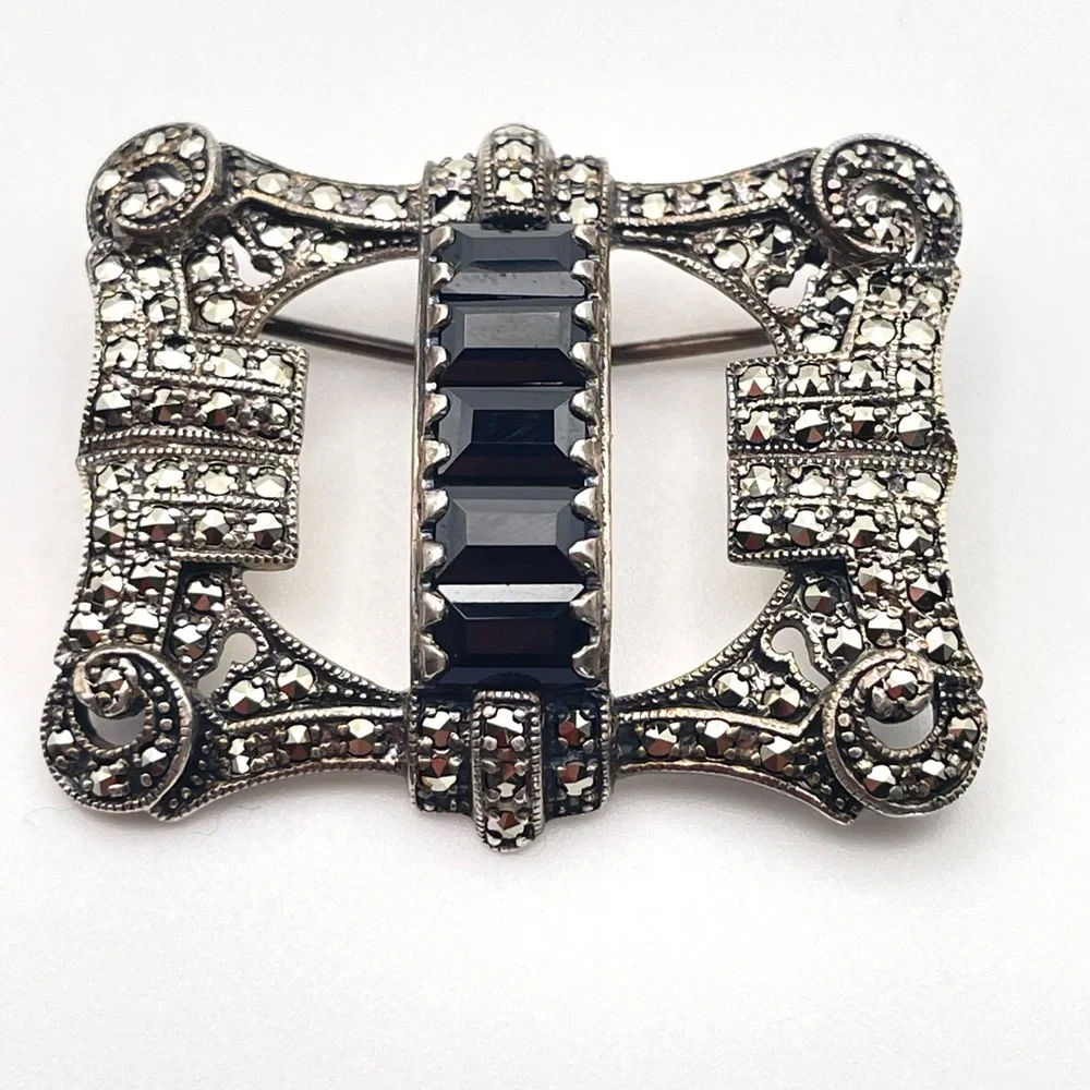 Vintage Art Deco Convertible Sterling Brooch Duette Dress Clip Set Black Crystal